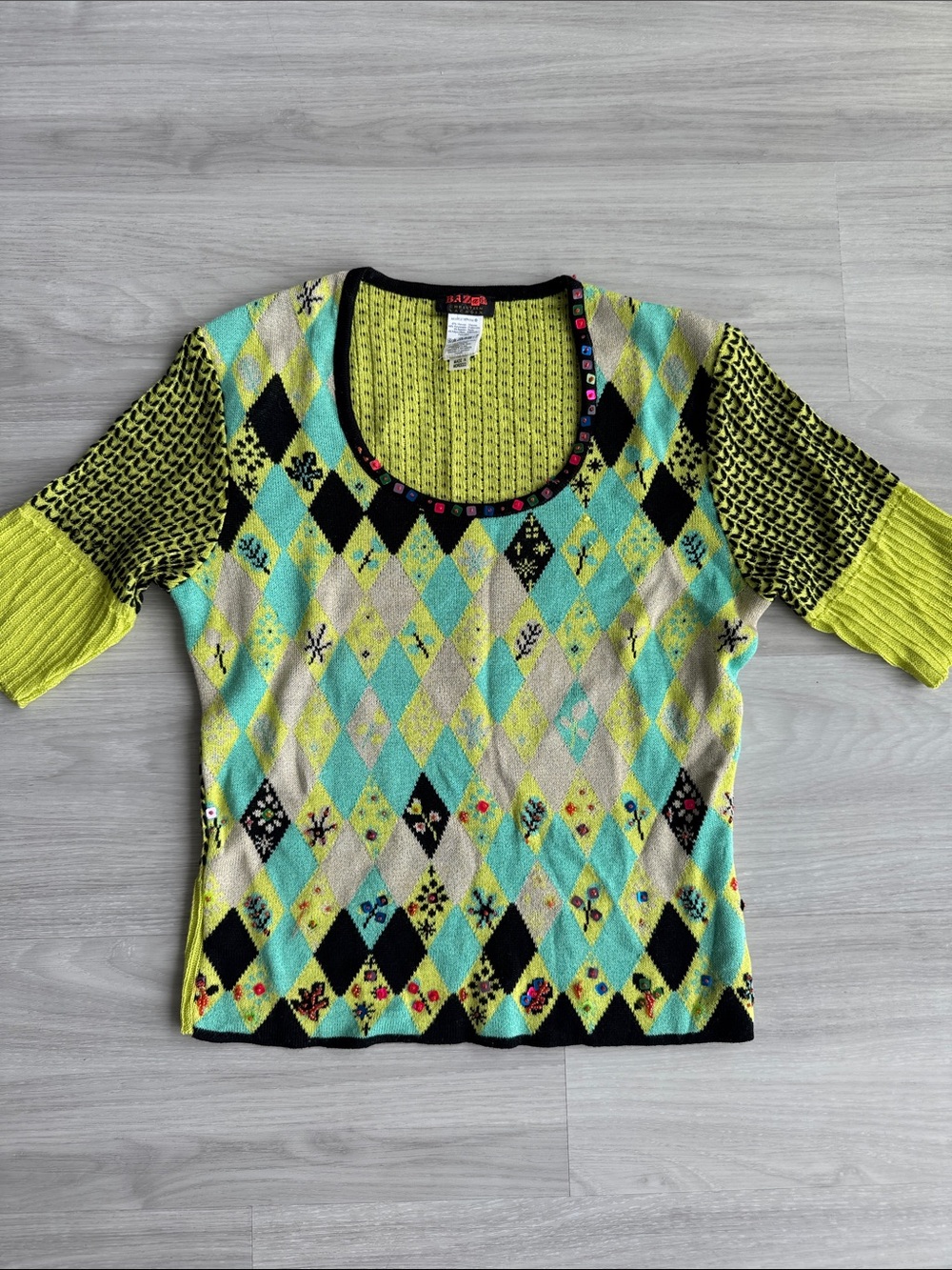 Christian Lacroix Lime, Aqua & Black Argyle Knit Scoop Neck Top